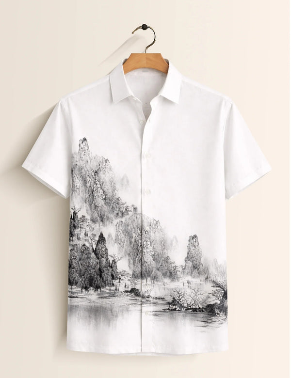 Men's Sage Green Floral Tile Print Mandarin Collar Short Sleeve Casual Shirt