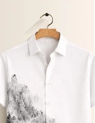 Men's Sage Green Floral Tile Print Mandarin Collar Short Sleeve Casual Shirt